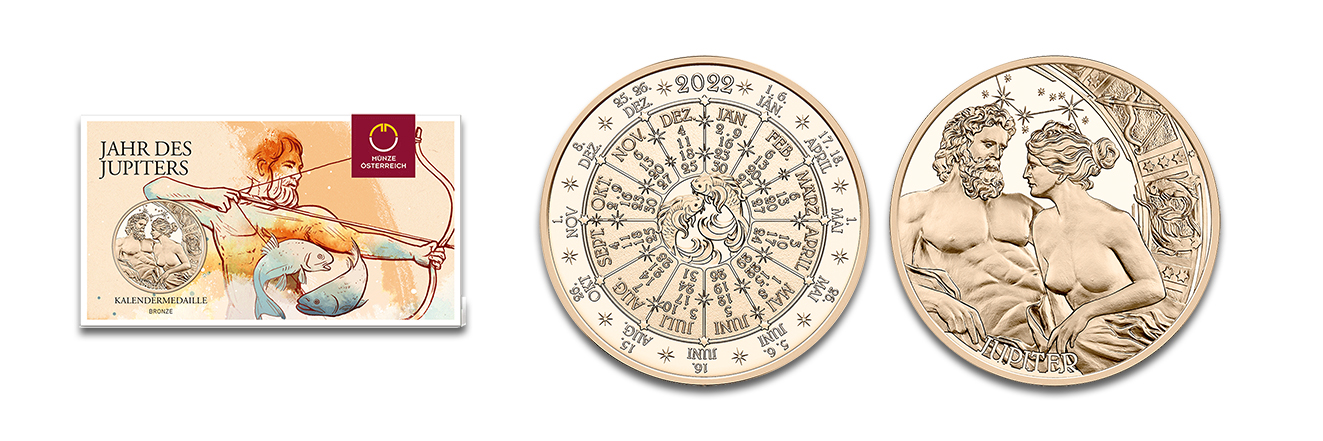 Bronzemedaille Jahr des Jupiters 2022, ausgegeben von der Münze Österreich. Die Kalendermedaille ist ebenfalls aus einer Gold-/Silberlegierung, aus 900er Silber sowie Silber vergoldet erhältlich.