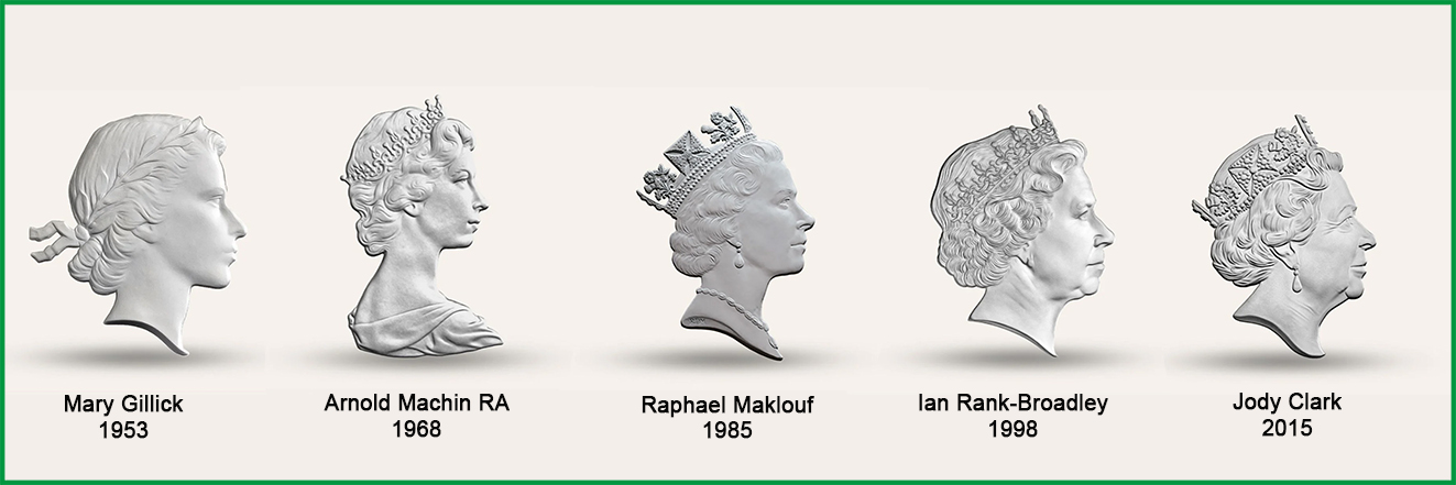 Queen-Portraits 1953 bis 2015 und ihre Designer: © Royal Mint, London